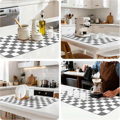 17" x 32" Checkered Dish Drying Mat for Kitchen Counter, Absorbent Coffee Bar Mat for Espresso Machine Coffee Countertops Accessories (Grey)