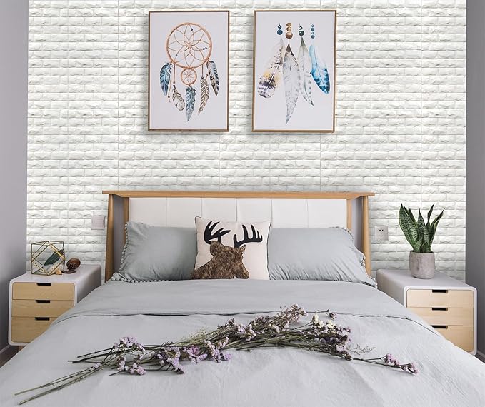 3D Wall Panels Peel and Stick 11PCS White Foam Brick Wallpaper for Bedroom Faux Stone Wall Panel Self-Adhesive Wallpaper (11PCS-10.65 Sq Ft, White)