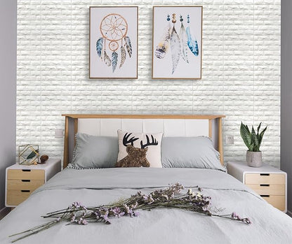 3D Wall Panels Peel and Stick 11PCS White Foam Brick Wallpaper for Bedroom Faux Stone Wall Panel Self-Adhesive Wallpaper (11PCS-10.65 Sq Ft, White)