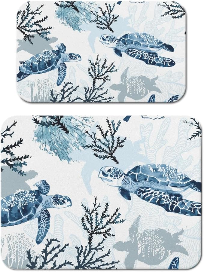 Dish Drying Mat for Kitchen Counter 2 Pack with Non-Slip Rubber Backing - Heat-Resistant Absorbent Coffee Bar Mat, Dish Rack Mat, Sea Turtle Dish Drying Mats 18x24+19.5x12 inch