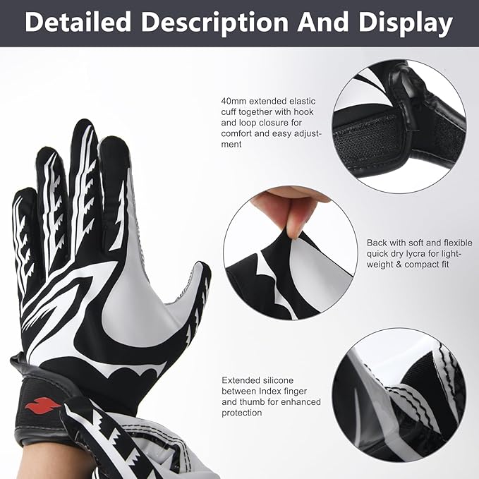 Kids Football Gloves Youth Enhanced Grip Silicone Wide Receiver Gloves