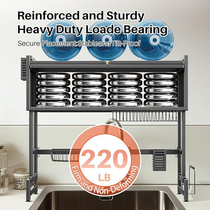 Over The Sink Dish Drainer Drying Rack 3 Tiers with Cover, Keep Kitchen Sink Shlef Organized Space-Saving Dish Drying Rack, Large Stainless Steel Sink Dish Rack for Dishes, Bowls, Cutlery (37.4"w)