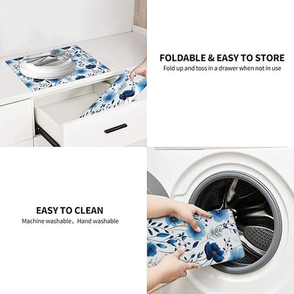 Blue White Floral Watercolor Dish Drying Mats, Absorbent Boho Blue Decorative Kitchen Counter Mat, 16" x 18", Polyester, Absorption, Foldable, for Kitchen Dishes Drainers, Small Appliances, Home Decor