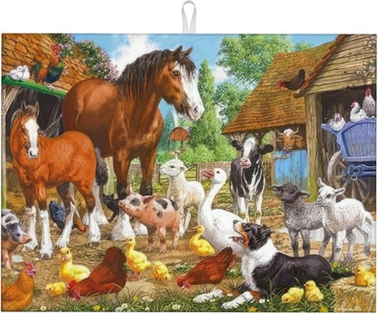 Animal Farm Dish Drying Mats for Kitchen Counter, Absorbent Reversible Microfiber Dish Drying Pad, Multi-Use Large Drying Mat Coffee Bar Accessories 18"x24"
