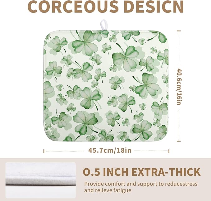 St Patrick's Day Clover Dish Drying Mat for Kitchen Counter Green Lucky Shamrock Microfiber Dish Drainer Mat St. Patrick's Day Absorbent Reversible Drying Pad Spring Sage Leaf Dish Rack Mat 16x18 In