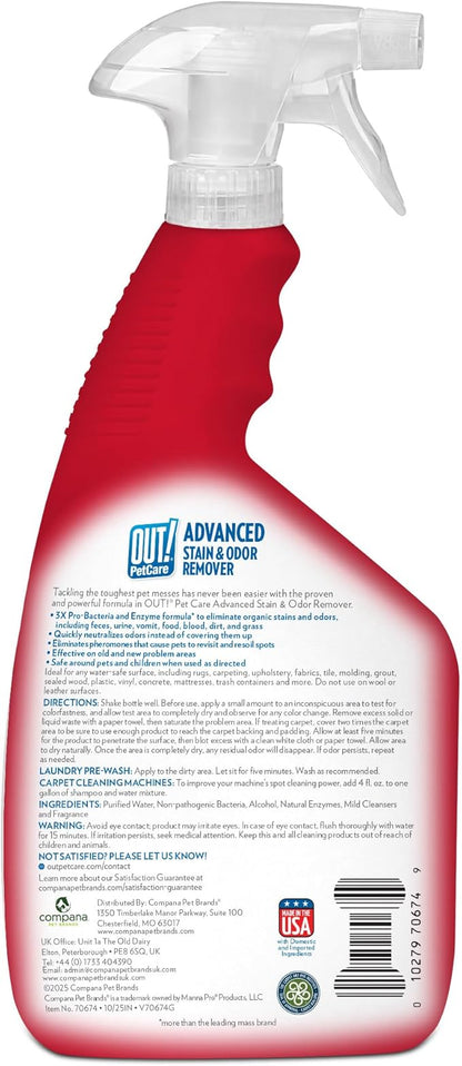 OUT! PetCare Pet Odor & Stain Remover Spray, Carpet & Floor Cleaner, Deodorizer for Dogs & Cats, Made in USA, 32 fl oz (2 Pack)