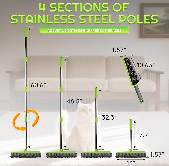 Carpet Rake,Rubber Broom for Pet Hair Removal with 61" Long Handle,2 Microfiber Cloths, Built-in Squeegee & Pet Brush, 4 in 1 Hair Remover for Rugs, Carpets,Tiles,Couches - Green