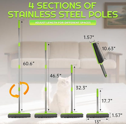 Carpet Rake,Rubber Broom for Pet Hair Removal with 61" Long Handle,2 Microfiber Cloths, Built-in Squeegee & Pet Brush, 4 in 1 Hair Remover for Rugs, Carpets,Tiles,Couches - Green
