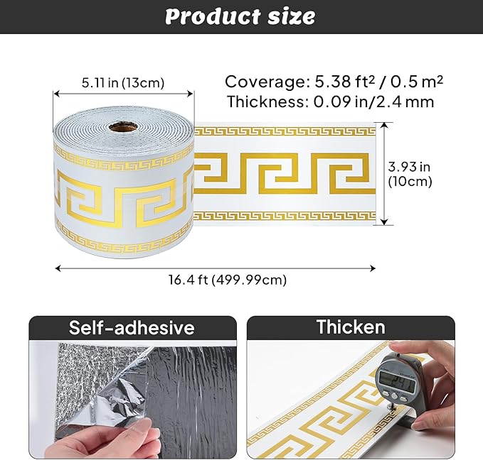 Peel and Stick Wallpaper Borders, Self-Adhesive Waterproof PVC Foam Wall Base for Kitchens, Living Rooms, Bedrooms and Bathrooms, 3.93" x 196.8" 1 Roll (Golden)
