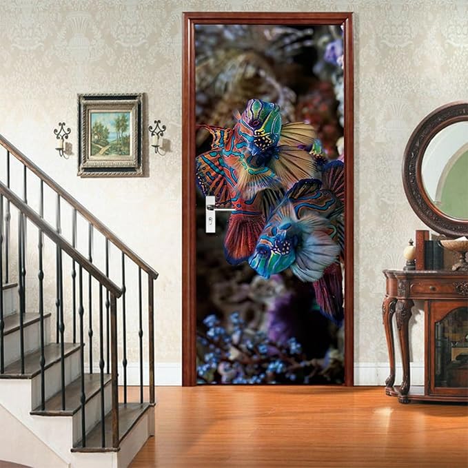 A.Monamour 3D Door Stickers for Interior Doors Mandarinfish Fish Nautical Vinyl Waterproof Self Adhesive Door Mural Decals for Bedroom Office Bathroom 77x200cm