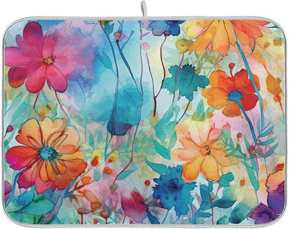 Colorful Beautiful Flowers Dish Drying Mat for Kitchen Counter Absorbent Microfiber Drying Pad, Medium 16x18 in, Reversible Drainer Mats