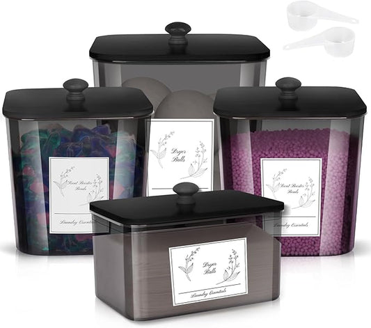 Zingbee 4 Pack Laundry Detergent Containers & Dryer Sheet Holder with Black Lids, Scoops & Labels - Plastic Laundry Organizer and Storage Jars for Pods, Detergent, Scent Booster