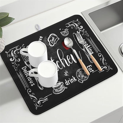 Kawani Black Coffee Bar Dish Drying Mats for Kitchen Counter 18x24 Inch, Kitchen Drying Mat, Kitchen Coffee Bar Dishes Pad Dish Drainer Rack Mats Absorbent Fast Dry Kitchen Accessories Square