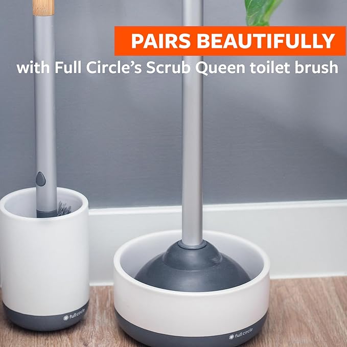 Full Circle Royal Plunge - Bathroom Toilet Plunger with Ceramic Holder and Instant-Dry Coating for Mold & Mildew Prevention, Easy to Clean & More Hygenic, White