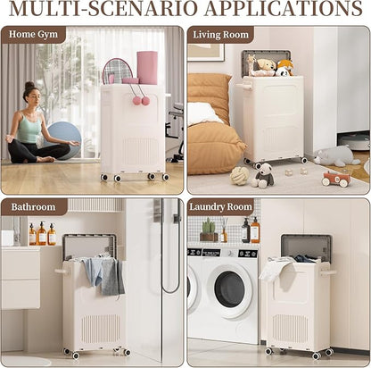HAIXIN HOME Slim Laundry Hamper with Lid, 50L Plastic Tall Laundry Basket with Wheels, Compact Size for Narrow Space, Rolling Laundry Cart with Handle for Easy Transport to Laundry Room (2 Pack)