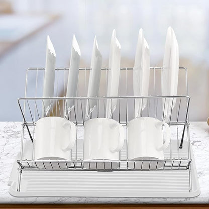 Foldable Dish Drainer, 2-Tier Stainless Steel Dish Drying Rack With Drip Tray and 5 Silicone Buckles, 13.3×10.6"Foldable Dish Drainer for Kitchen Sink, Countertop, Cutlery, Plates, and Dishes (White)