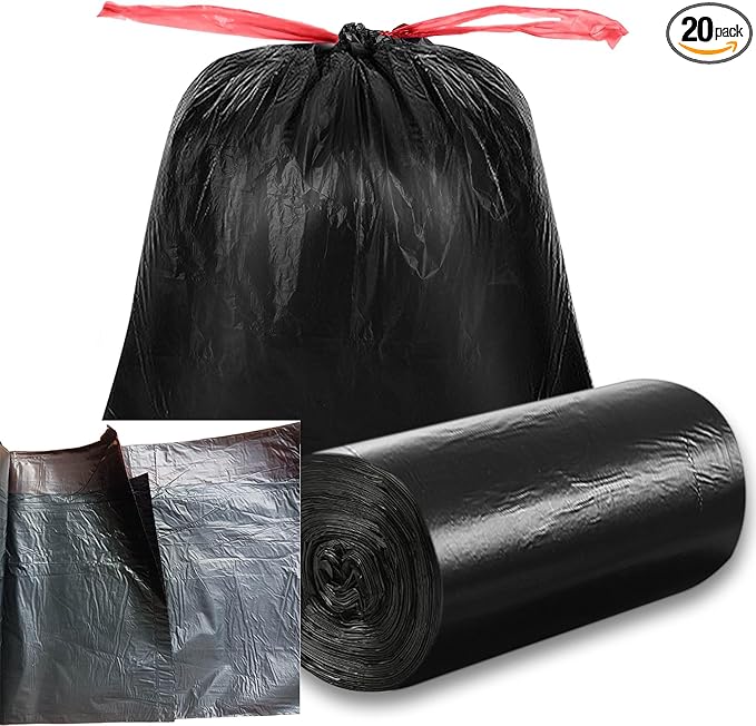 Tear-Free Trash Bags 13 Gallon,Black Drawstring Kitchen Garbage Bags,13+ Gallon Tall Kitchen Trash Bag Unscented,Large Bathroom Garbage Bag (20)