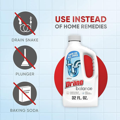 Drano Balance Drain Clog Remover and Cleaner, Non-Corrosive Formula, Safe on All Pipes and Septic Tanks, Formulated Using Only Essential Ingredients, 32 Fl Oz (Pack of 2)