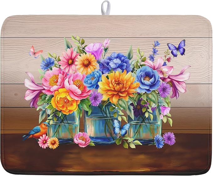 Spring Flowers Dish Drying Mat for Kitchen Counter 18x24in Vintage Plants Colorful Floral Kitchen Drying Mat Soft Absorbent Microfiber Farmhouse Flowers Dish Drainer Rack Mats for Kitchen Countertops