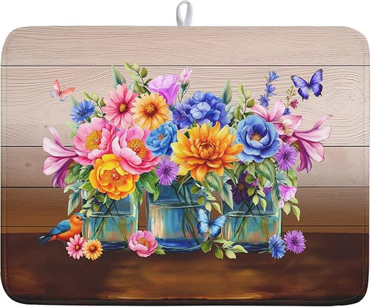 Spring Flowers Dish Drying Mat for Kitchen Counter 18x24in Vintage Plants Colorful Floral Kitchen Drying Mat Soft Absorbent Microfiber Farmhouse Flowers Dish Drainer Rack Mats for Kitchen Countertops