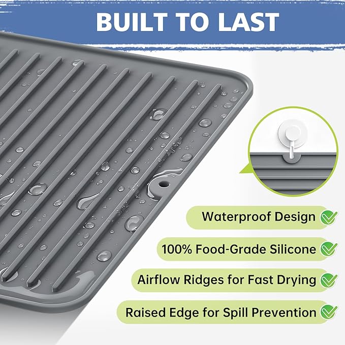 Songrey 28" x 18" Silicone Dish Drying Mat, Kitchen Counter Drying Pad for Sink Dishes or Under Rack, Multi-Use as Heat Resistant Trivet, Coffee Bar Mat