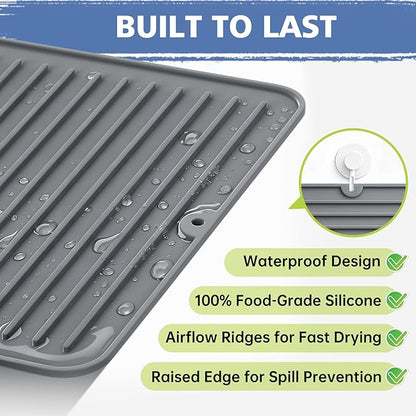 Songrey 28" x 18" Silicone Dish Drying Mat, Kitchen Counter Drying Pad for Sink Dishes or Under Rack, Multi-Use as Heat Resistant Trivet, Coffee Bar Mat