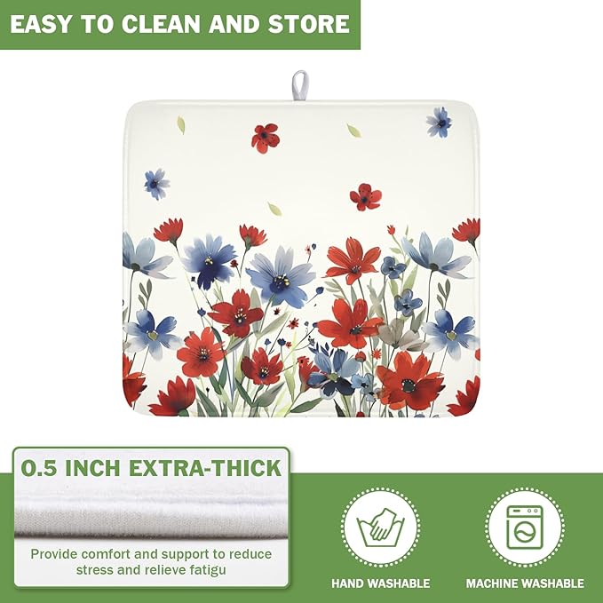 4th of July Floral Dish Drying Mat for Kitchen Counter 16 x 18 Inch Patriotic Dish Drainer Mat Absorbent Microfiber Independece Day Dish Rack Pad for Coffee Dining Bar Decor