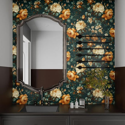 Fvlow Glowing Floral Peel and Stick Wallpaper Vintage Dark Green 17.4" x 118" Vinyl Wrap Worktop Covering Self Adhesive Removable Flowers Contact Paper for Cabinets Drawers Home Decor