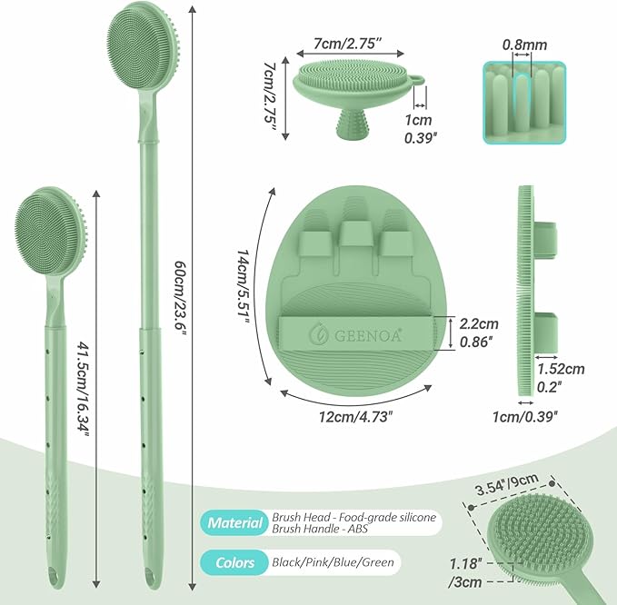 Silicone Back/Face Scrubber & Soft Bath Glove 3PCS, 16''- 24'' Extendable Shower Back Scrubber, 360° Anti-Slip & Hand-fit Silicone Body Scrubber, Manual Face Brush for All-round Cleaning(Green)