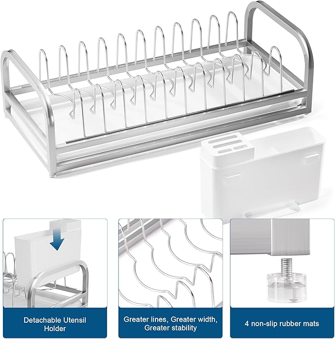 Dish Drying Rack for Small Kitchen Counter, 304 Stainless Steel Small Dish Rack w Utensil Holder & Tray for Limited Space, Rustproof Narrow Dish Rack for Pot & Pan, Plate, Lid (Silvery)