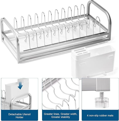 Dish Drying Rack for Small Kitchen Counter, 304 Stainless Steel Small Dish Rack w Utensil Holder & Tray for Limited Space, Rustproof Narrow Dish Rack for Pot & Pan, Plate, Lid (Silvery)