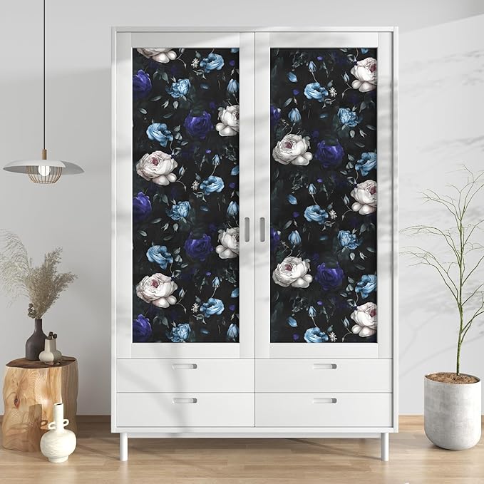 Laatse Dark Floral Peel and Stick Wallpaper, Black/Blue Vintage Floral Contact Paper, Waterproof Self Adhesive Boho Decor Black Rose Wall Paper for Bedroom Walls Bookcase Drawers 17.5in x 118in