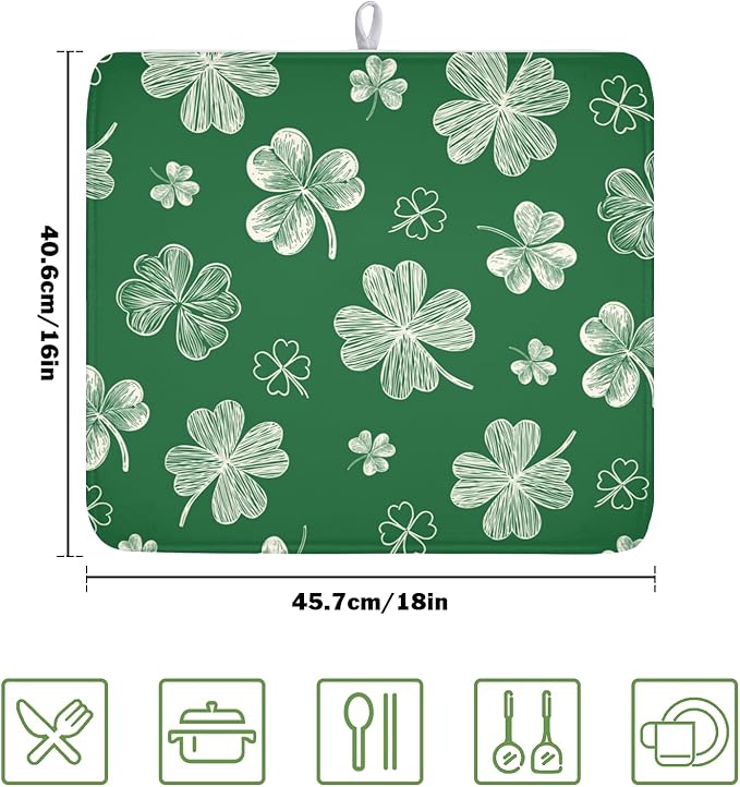 St Patrick's Day Dish Drying Mat 16 x 18 Inch Green Shamrock Dish Drainer Rack Mat Absorbent Microfiber Mats for Spring Lucky Clovers Dish Pad for Kitchen Coffee Bar Decor