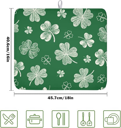 St Patrick's Day Dish Drying Mat 16 x 18 Inch Green Shamrock Dish Drainer Rack Mat Absorbent Microfiber Mats for Spring Lucky Clovers Dish Pad for Kitchen Coffee Bar Decor