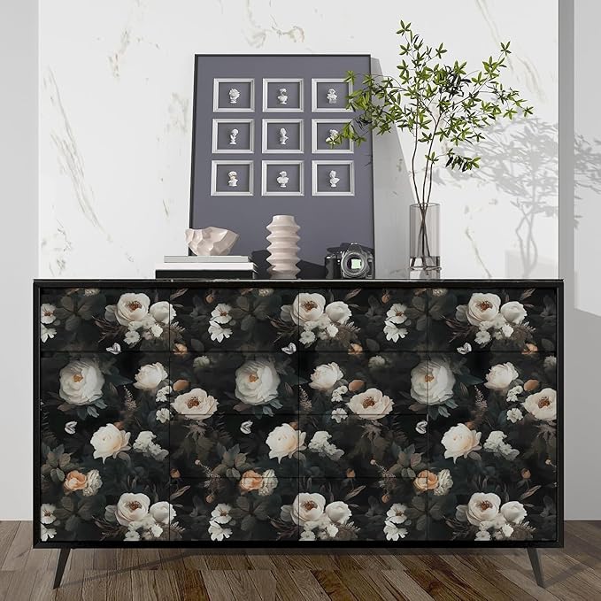 Fvlow Dark Wallpaper Floral Peel and Stick 17.4" x 118" Black White Contact Paper Vintage Watercolor Self Adhesive Covering for Bedroom Cabinet Bathroom Home Decor