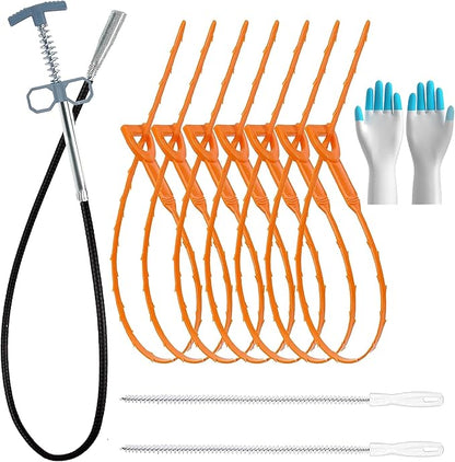 10 Pack drain clog remover Kit with 79 inch Flexible drain snake Tool 7 Hair Removers 2 Cleaning Brushes and 1 Pair Reusable Gloves for Home Use