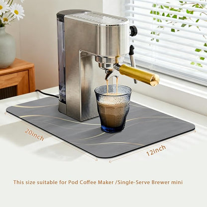 Coffee Mat 20x12 Inch, Light Gray Streamline Coffee Bar Mat, Absorbent Hide Stain Rubber Backed Dish Drying Mat for Kitchen Counter, Mat for Countertops, Under Coffee Maker Machine Pot Espresso Staion