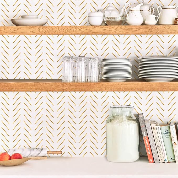 Erfoni Yellow and White Peel and Stick Wallpaper Modern Herringbone Wallpaper Bathroom 17.7inch x 118.1inch Geometric Removable Contact Paper Peel and Stick Self Adhesive Cabinet Wall Paper Waterproof