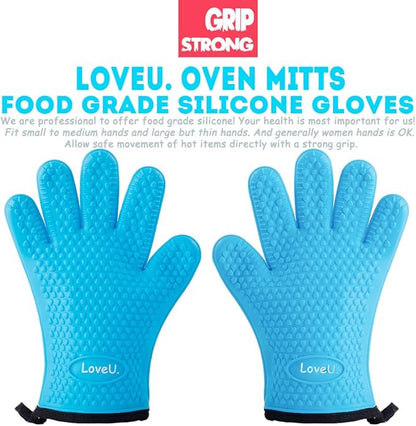 Kitchen Oven Gloves - Dual-Layer Heat Resistant Grilling Gloves, Silicone Oven Mitts with 5 Fingers, Waterproof Non-Slip Pot Holder for Barbecue, Cooking, Baking (Blue)