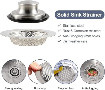 RQYEKDO Polished Kitchen Sink Strainers Sink Stopper Kits, Stainless Steel Sink Drain Strainer Set,Large Wide Rim 4.4" Diameter Food Catcher Garbage Disposal Plug for Most Sink Drains Basket Filter