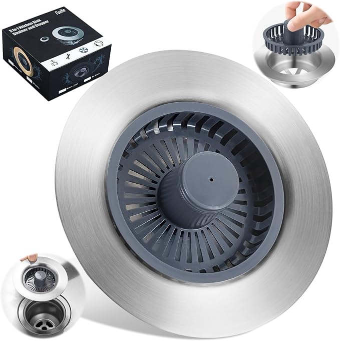 Upgraded 3-in-1 Kitchen Sink Drain Strainer, Stainless Steel Pop Up Kitchen Sink Stopper, Drain Plug for 3.5 Inch Sink Drain Hole, with Anti-Clogging Sink Strainer Basket Filter, Brushed Silver