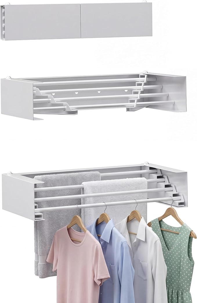 Wall Mounted Drying Rack - 26 Inch Stainless Steel Clothes Drying Rack Collapsible, Heavy Duty 60LBS Laundry Drying Rack, Retractable Folding Dryer Racks for Laundry Drying Indoor/Outdoor