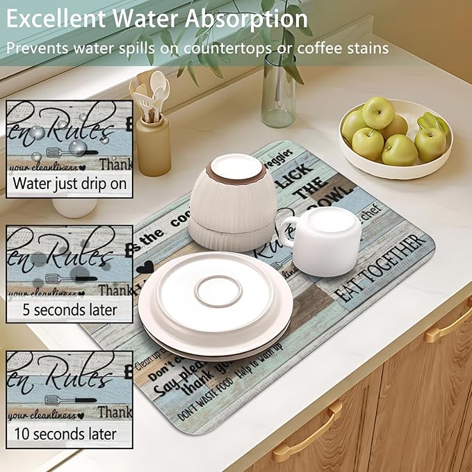 Dish Drying Mat for Kitchen Counter 2 Pack with Non-Slip Rubber Backing - Heat-Resistant Absorbent Coffee Bar Mat, Dish Rack Mat, Kitchen Rules Dish Drying Mats 18x24+19.5x12 inch