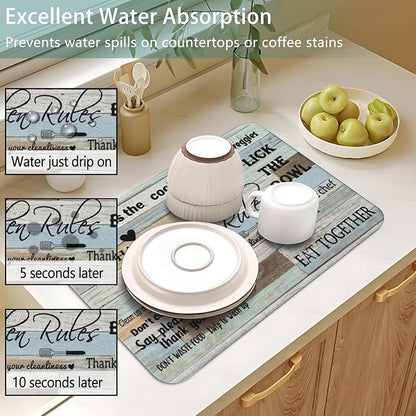 Dish Drying Mat for Kitchen Counter 2 Pack with Non-Slip Rubber Backing - Heat-Resistant Absorbent Coffee Bar Mat, Dish Rack Mat, Kitchen Rules Dish Drying Mats 18x24+19.5x12 inch