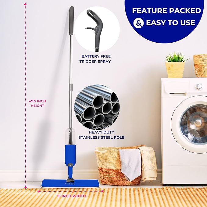 True & Tidy® SPRAY-250 Multi-Surface Spray Mop with Refillable Water Bottle for Floor Cleaning, Works on Wood, Tile, Marble etc, Use Any Cleaning Solution, Machine Washable Microfiber Mop Pads, Navy