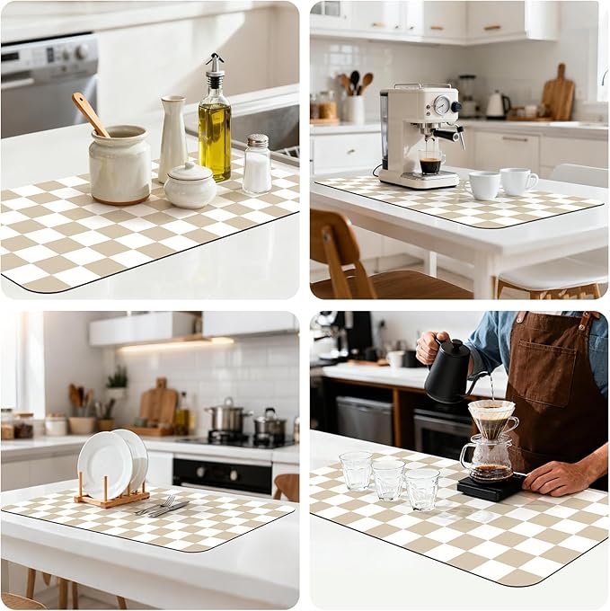 17" x 32" Checkered Dish Drying Mat for Kitchen Counter, Absorbent Coffee Bar Mat for Espresso Machine Coffee Countertops Accessories (Khaki)