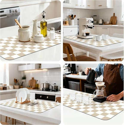 17" x 32" Checkered Dish Drying Mat for Kitchen Counter, Absorbent Coffee Bar Mat for Espresso Machine Coffee Countertops Accessories (Khaki)