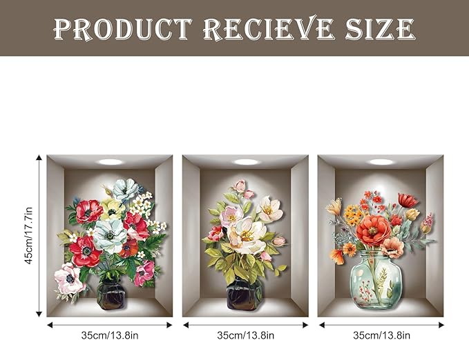 Supzone 3D Vase Wall Stickers - 3 Pcs Vintage Flower Wall Art, Colorful Floral Blossom Wall Decals, Self-Adhesive for Bedroom, Living Room, Sofa Backdrop, Yoga Room