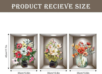 Supzone 3D Vase Wall Stickers - 3 Pcs Vintage Flower Wall Art, Colorful Floral Blossom Wall Decals, Self-Adhesive for Bedroom, Living Room, Sofa Backdrop, Yoga Room