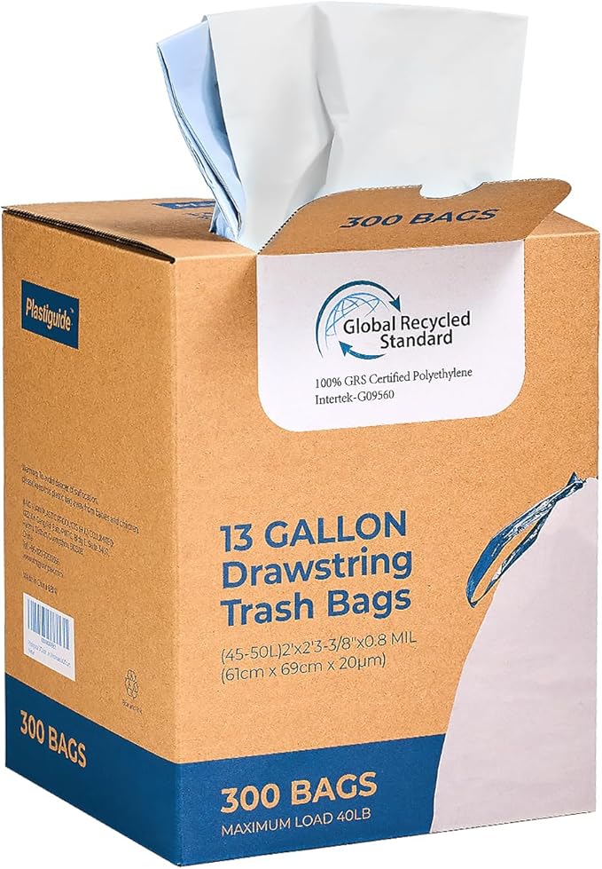 300 Count Tall Kitchen Drawstring Trash Bags, 13 Gallon, 100% Post-Consumer Recycled, Commercial Garbage Bags, GRS Compliant, Unscented, White
